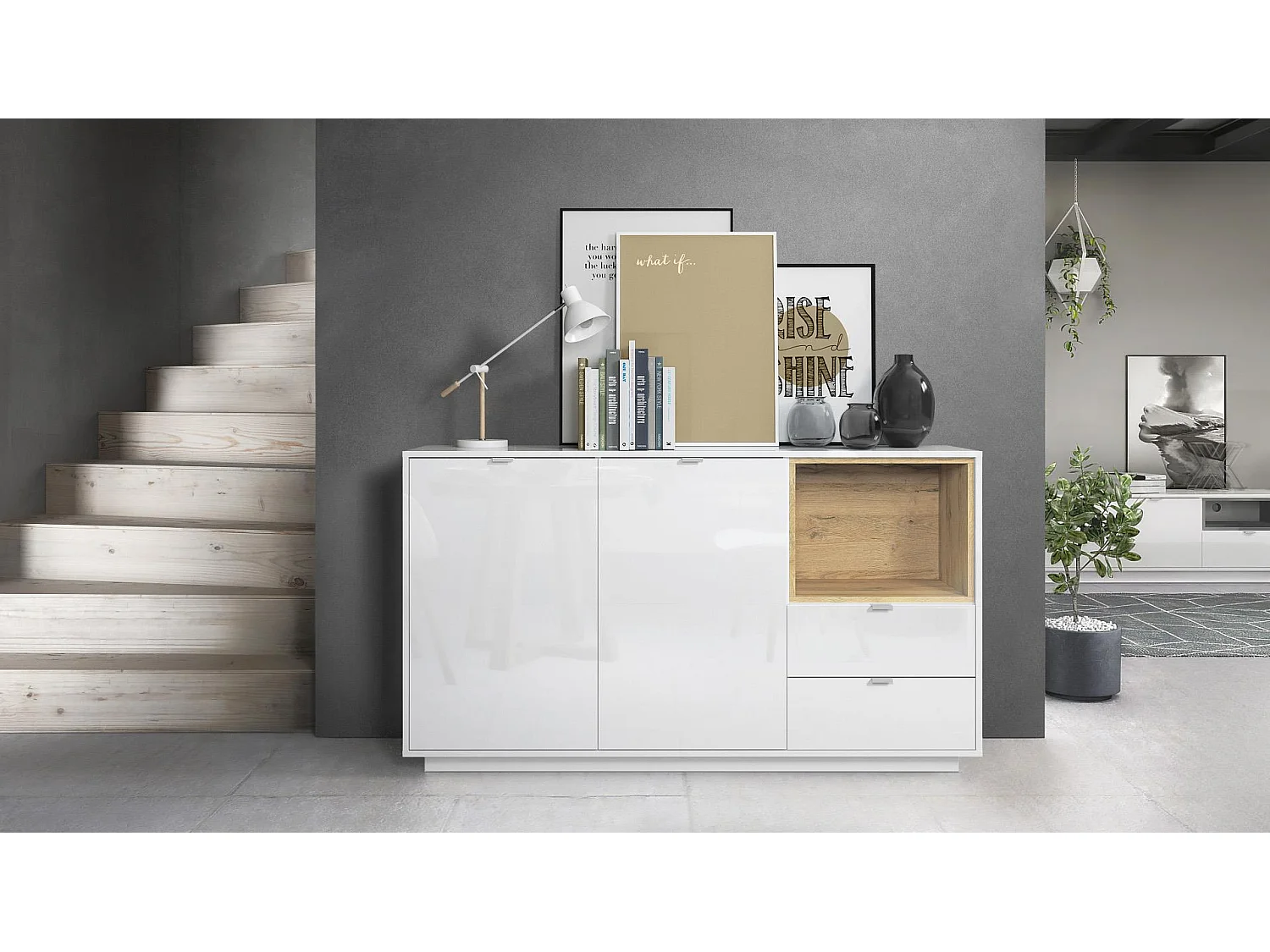 Credenza Metro, struttura in bianco lucido / frontale in bianco lucido con inserto in rovere naturale, illuminazione a LED inclusa.