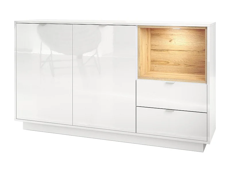 Credenza Metro, struttura in bianco lucido / frontale in bianco lucido con inserto in rovere naturale, illuminazione a LED inclusa.