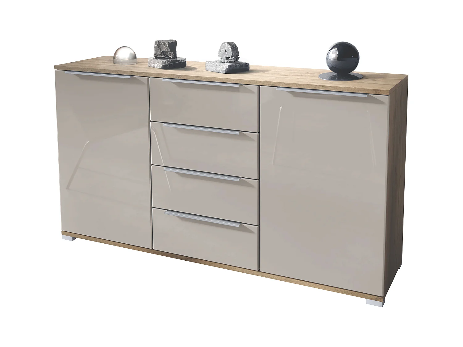 Buffet Linio V1, Enfilade avec 2 portes et 4 tiroirs, Chêne Evoke / gris sable haute brillance (138,5 x 75,5 x 35 cm)