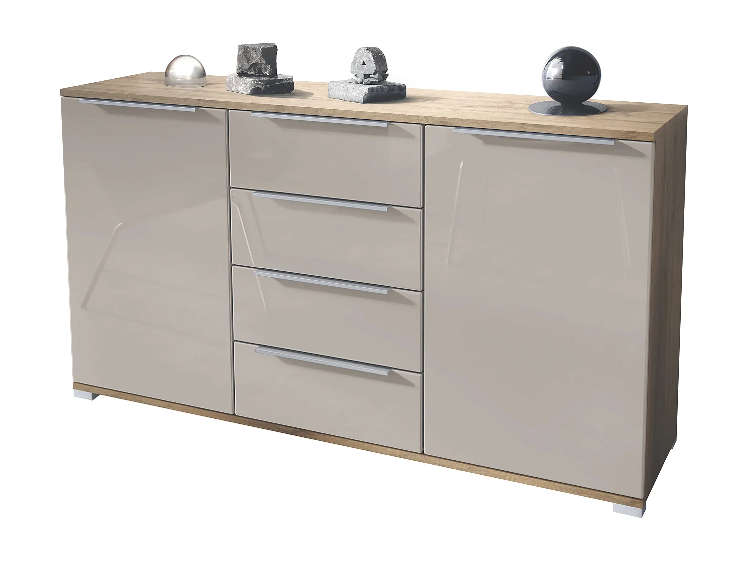 Buffet Linio V1, Enfilade avec 2 portes et 4 tiroirs, Chêne Evoke / gris sable haute brillance (138,5 x 75,5 x 35 cm)
