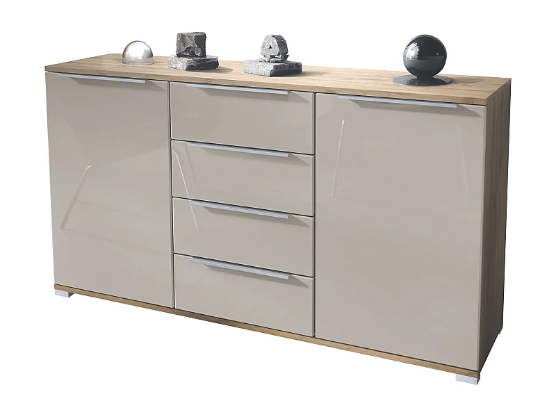 Buffet Linio V1, Enfilade avec 2 portes et 4 tiroirs, Chêne Evoke / gris sable haute brillance (138,5 x 75,5 x 35 cm)