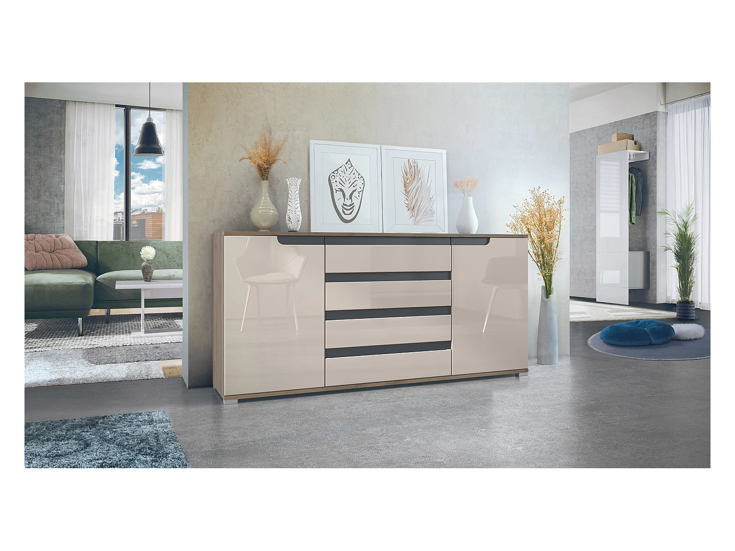 Buffet Sylt V2, Commode avec 2 Portes et 4 Tiroirs, Corps - Chêne Evoke / Façade - gris sable haute brillance / Détails - anthracite mat (166,5 x 75,5 x 35 cm)