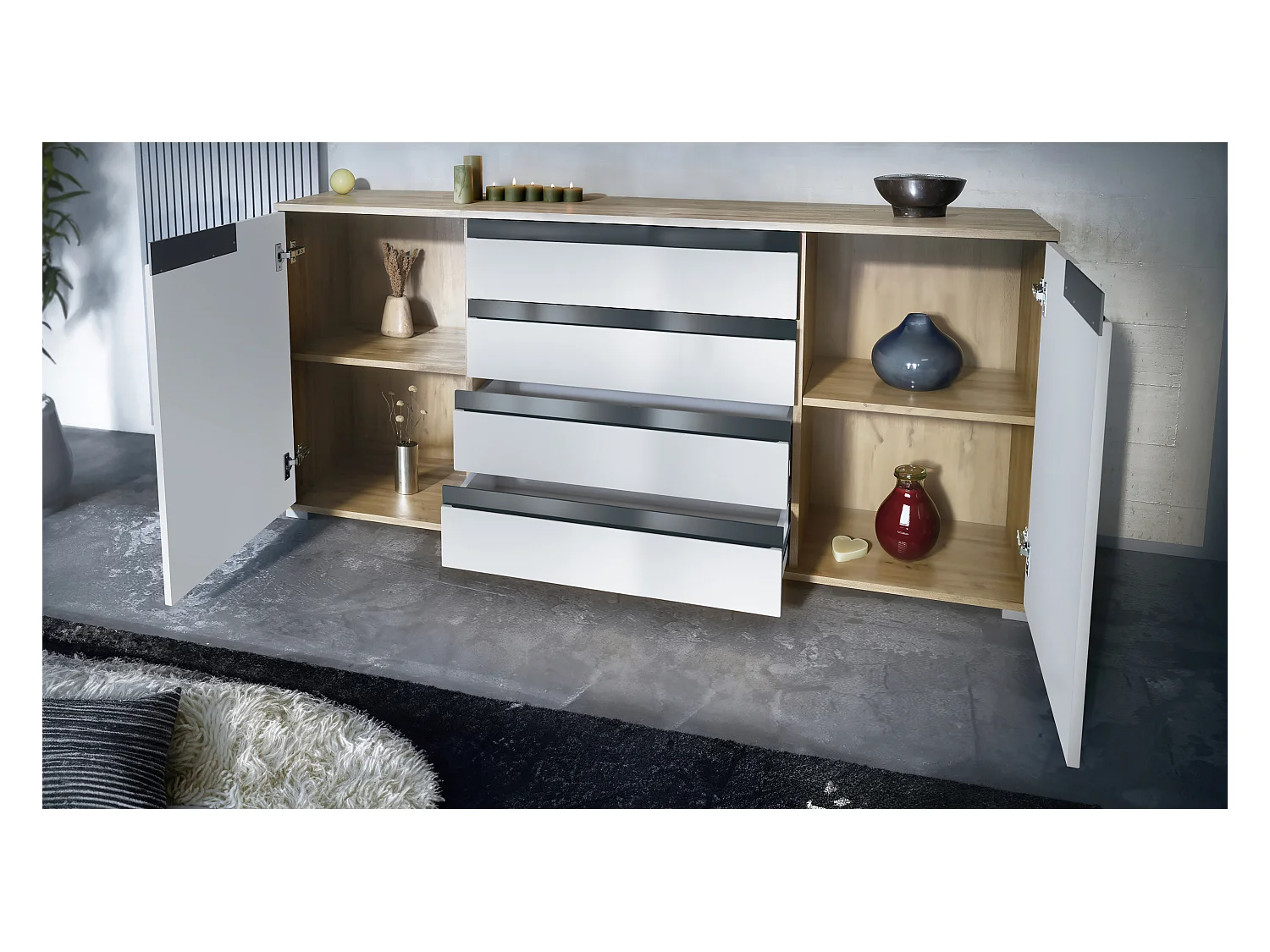 Buffet Sylt V2, Commode avec 2 Portes et 4 Tiroirs, Corps - Chêne Evoke / Façade - gris sable haute brillance / Détails - anthracite mat (166,5 x 75,5 x 35 cm)