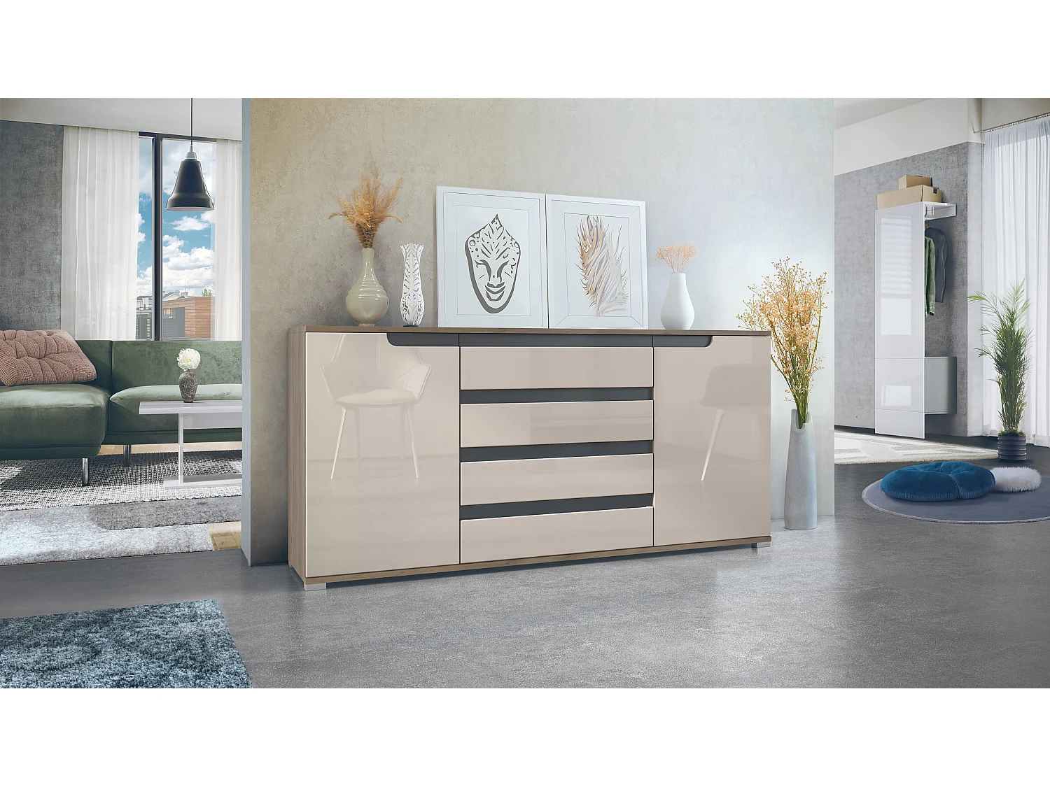 Buffet Sylt V2, Commode avec 2 Portes et 4 Tiroirs, Corps - Chêne Evoke / Façade - gris sable haute brillance / Détails - anthracite mat (166,5 x 75,5 x 35 cm)