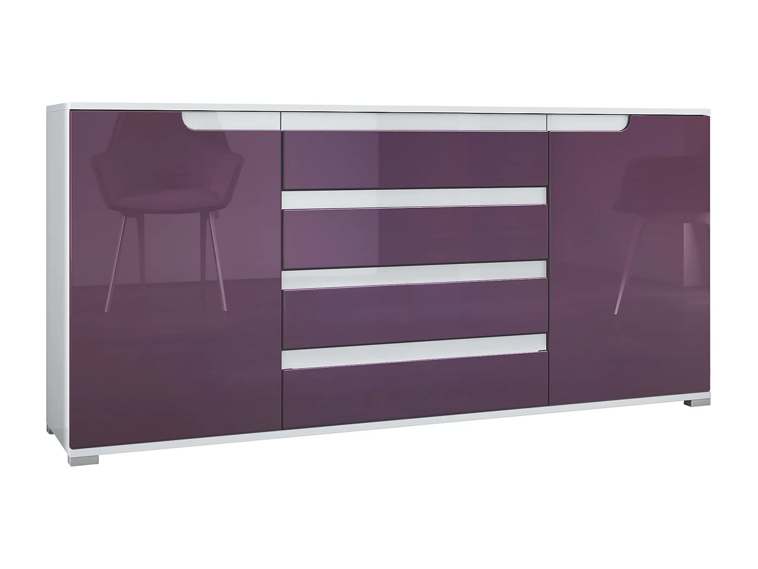 Credenza Sylt V2, Comò con 2 Ante e 4 Cassetti, Struttura - bianco opaco / Frontale - violetto porpora lucido / Dettagli - bianco lucido (166,5 x 75,5 x 35 cm)