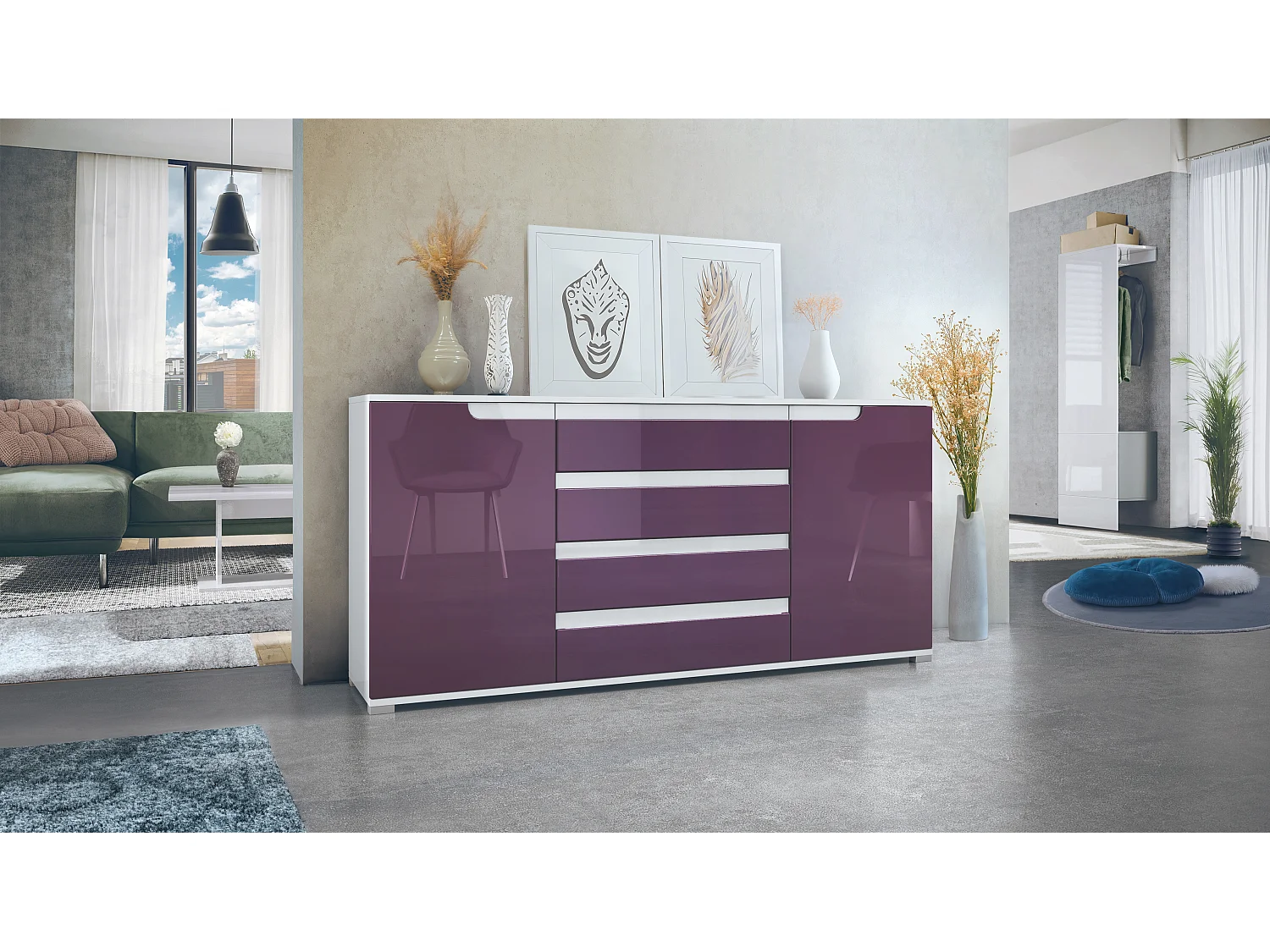 Credenza Sylt V2, Comò con 2 Ante e 4 Cassetti, Struttura - bianco opaco / Frontale - violetto porpora lucido / Dettagli - bianco lucido (166,5 x 75,5 x 35 cm)