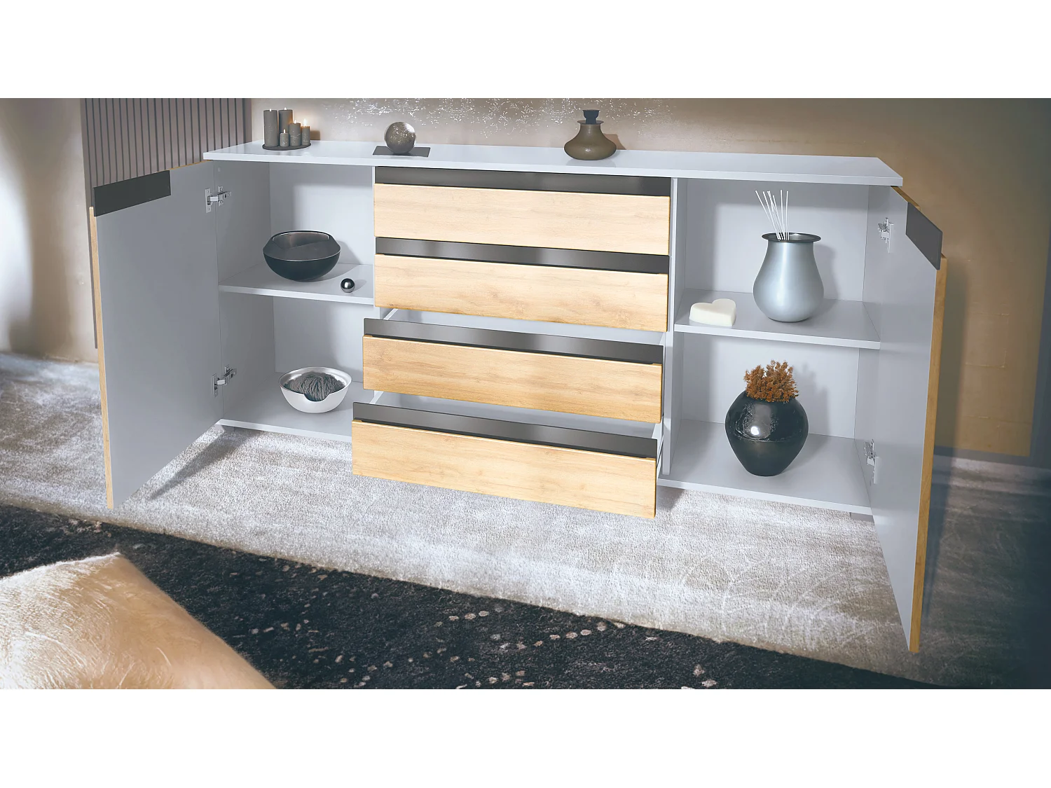 Buffet Sylt V2, Commode avec 2 Portes et 4 Tiroirs, Corps - blanc mat / Façade - mûre haute brillance / Détails - blanc haute brillance (166,5 x 75,5 x 35 cm)