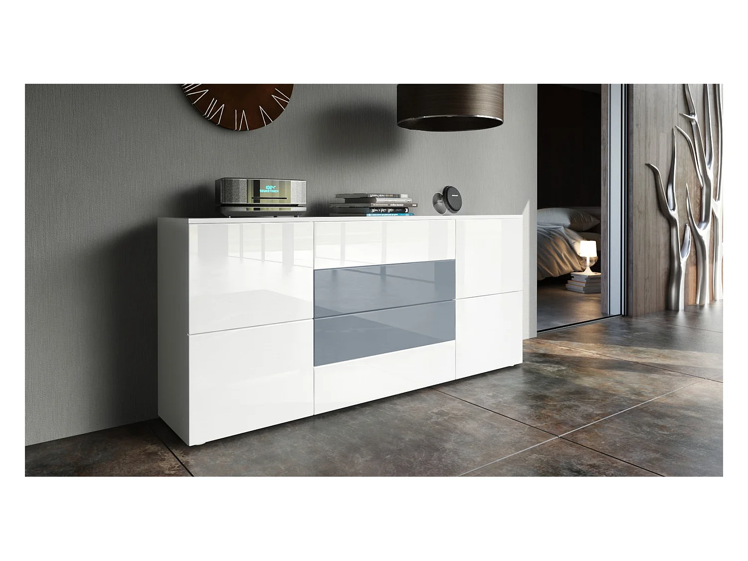 SIDEBOARD Rova Weiß Hochglanz / Grau Hochglanz