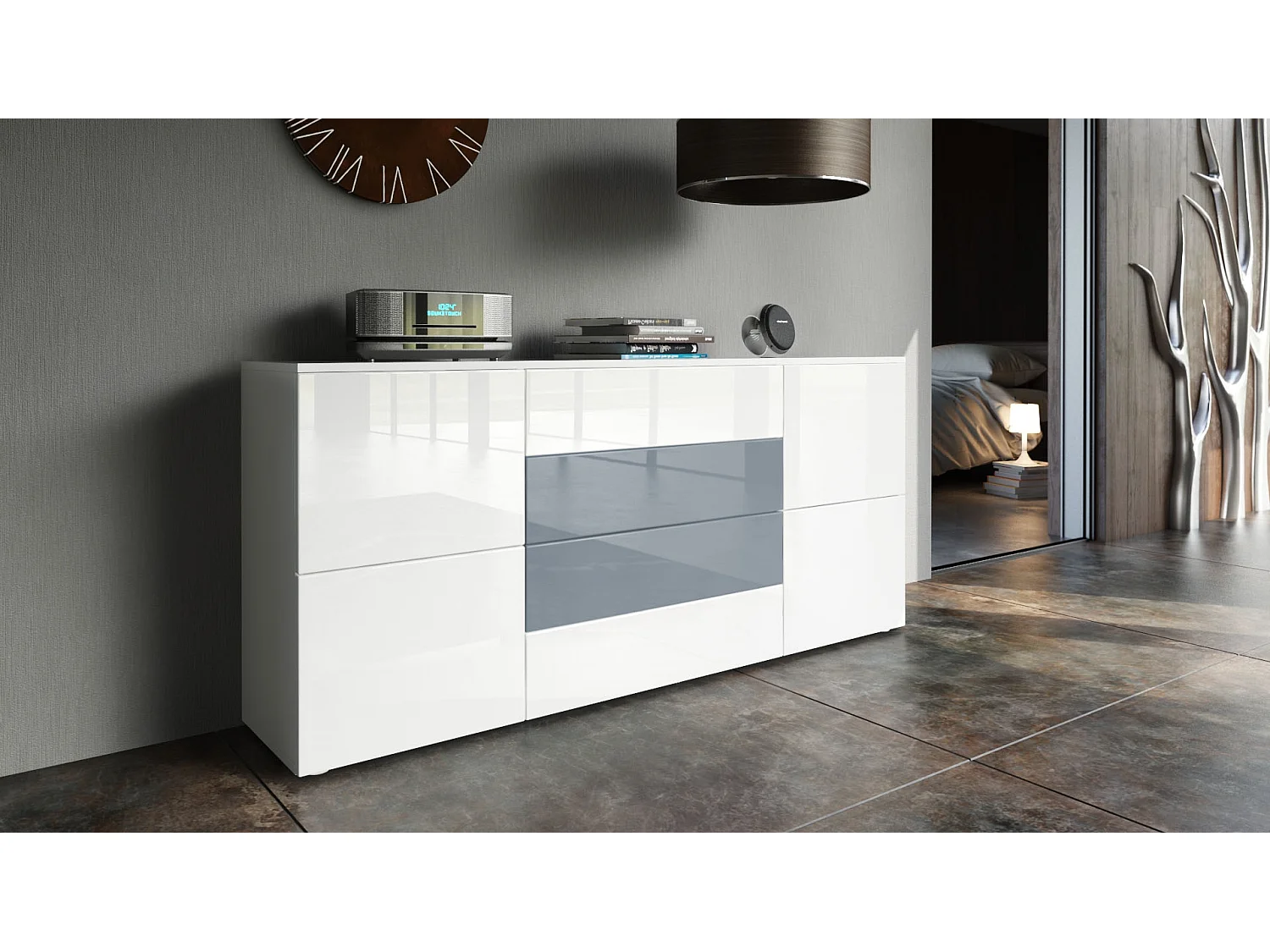 SIDEBOARD Rova Weiß Hochglanz / Grau Hochglanz
