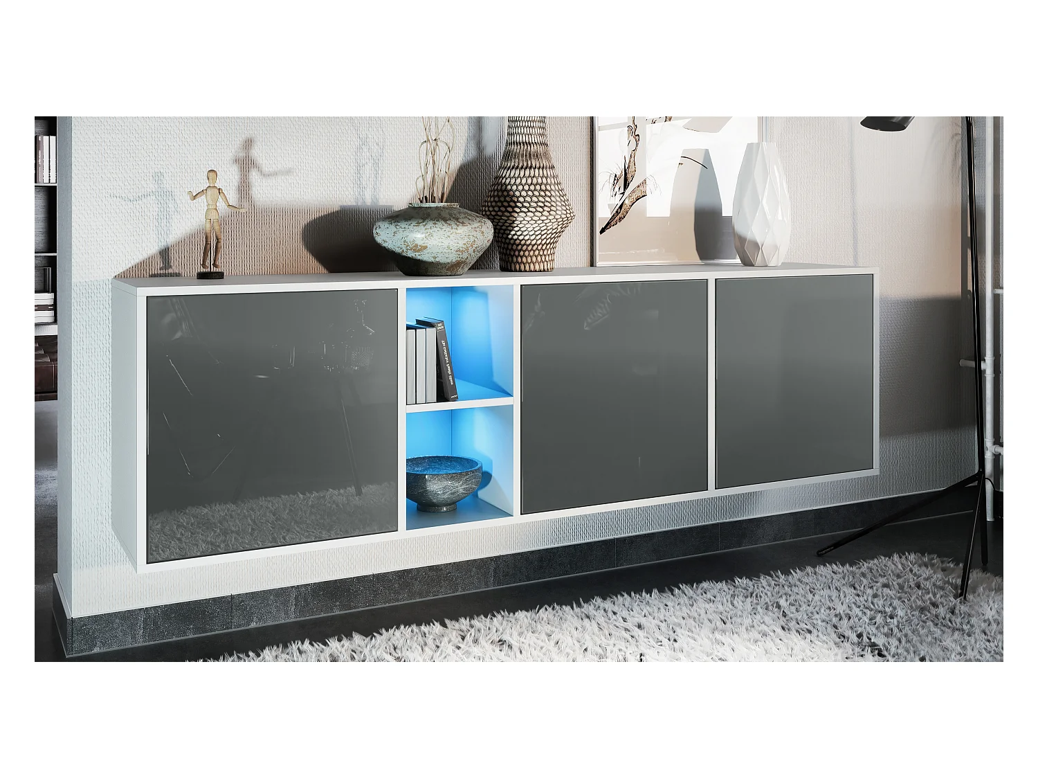 Commode Cuba - blanc mat/gris haute brillance y compris LED - Buffet moderne pour votre salon - (LxHxP) 182x53x35 cm