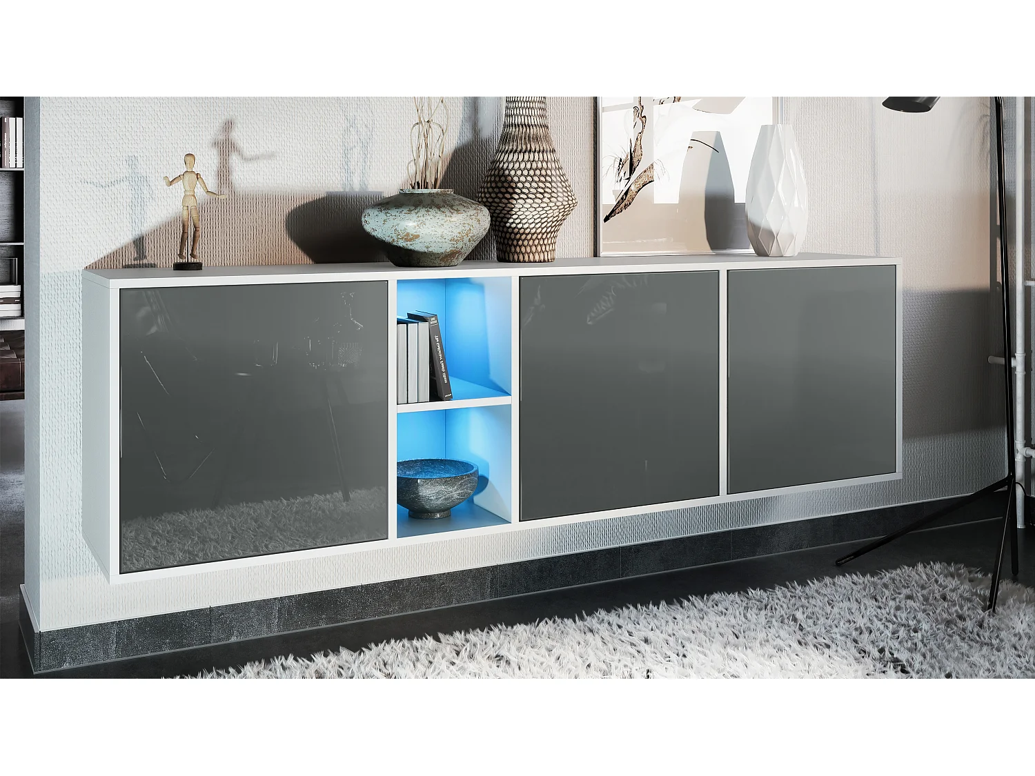 Commode Cuba - blanc mat/gris haute brillance y compris LED - Buffet moderne pour votre salon - (LxHxP) 182x53x35 cm