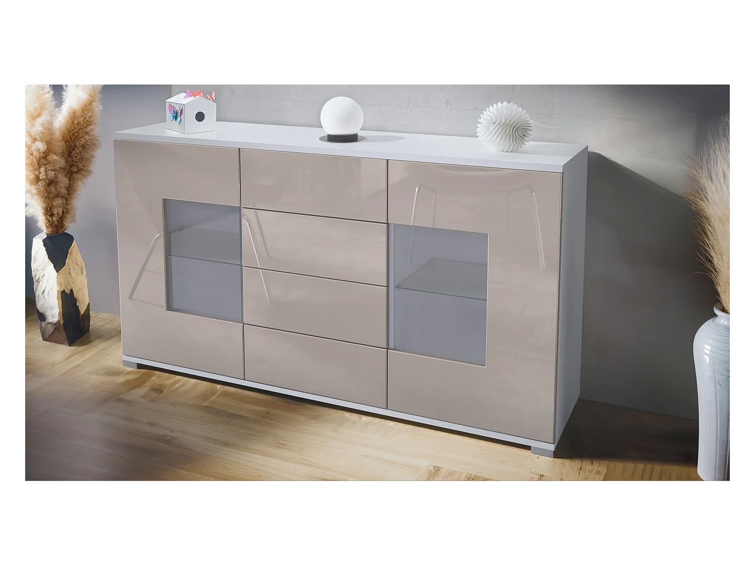 Buffet Grömitz V1 – Meuble avec 2 Grandes Portes et 4 Tiroirs, blanc mat/gris sable haute brillance (138,5 x 75,5 x 35)
