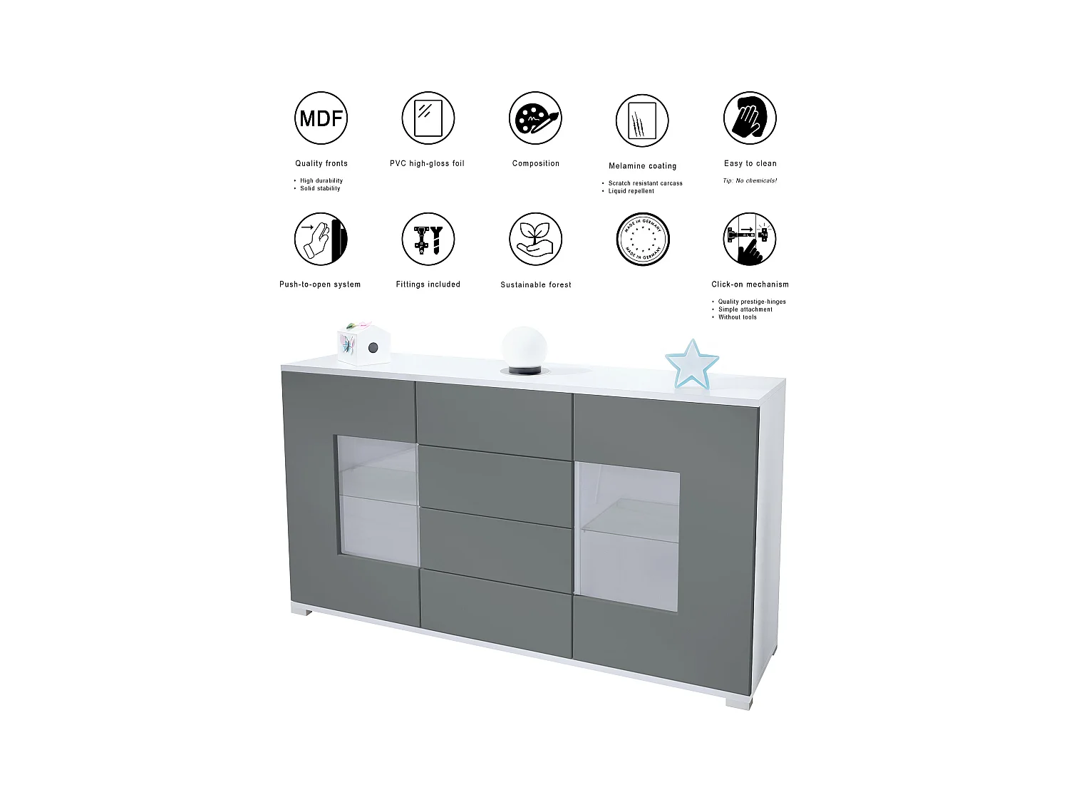 Buffet Grömitz V1 – Meuble avec 2 Grandes Portes et 4 Tiroirs, blanc mat/gris sable haute brillance (138,5 x 75,5 x 35)