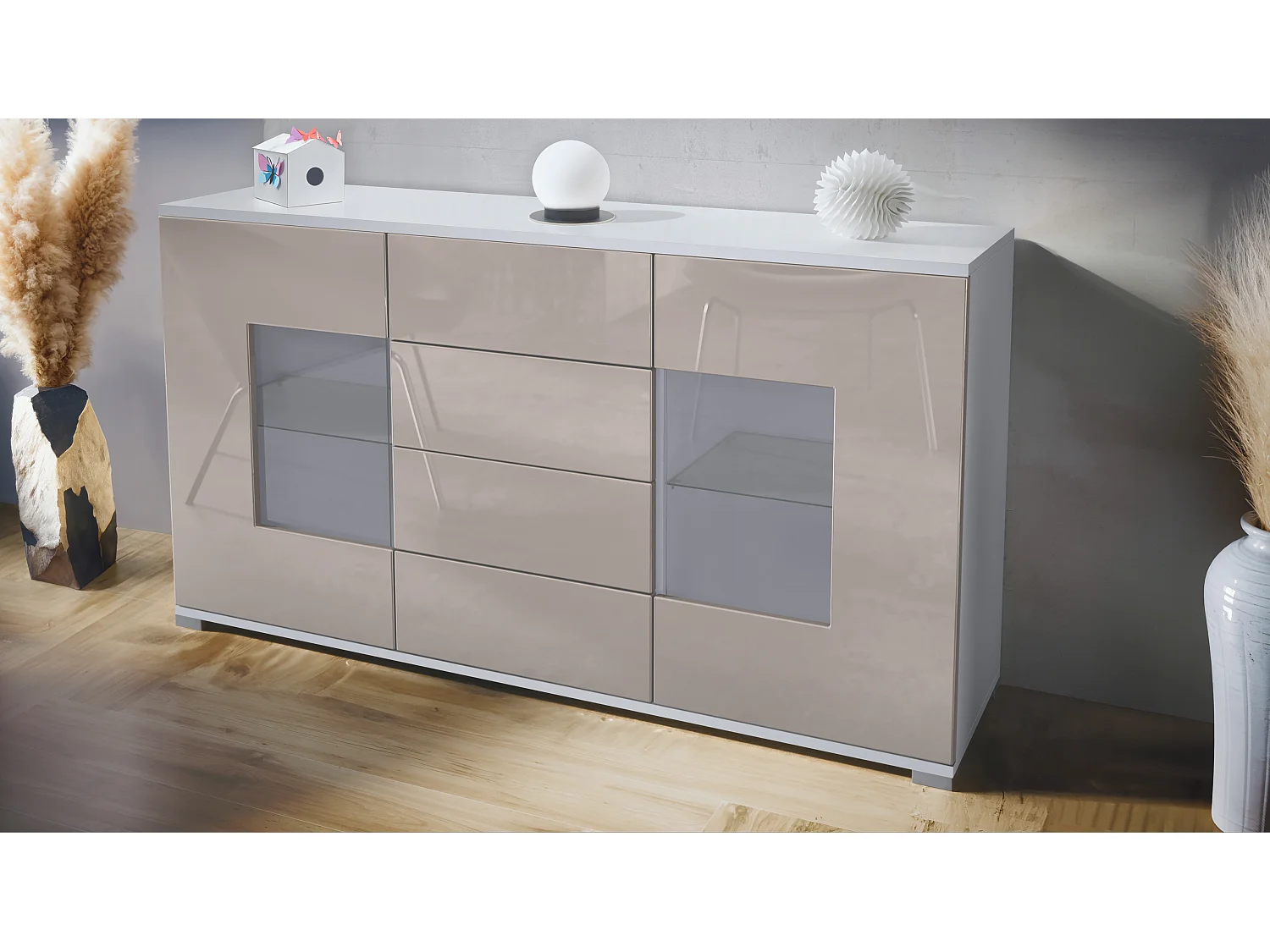 Buffet Grömitz V1 – Meuble avec 2 Grandes Portes et 4 Tiroirs, blanc mat/gris sable haute brillance (138,5 x 75,5 x 35)