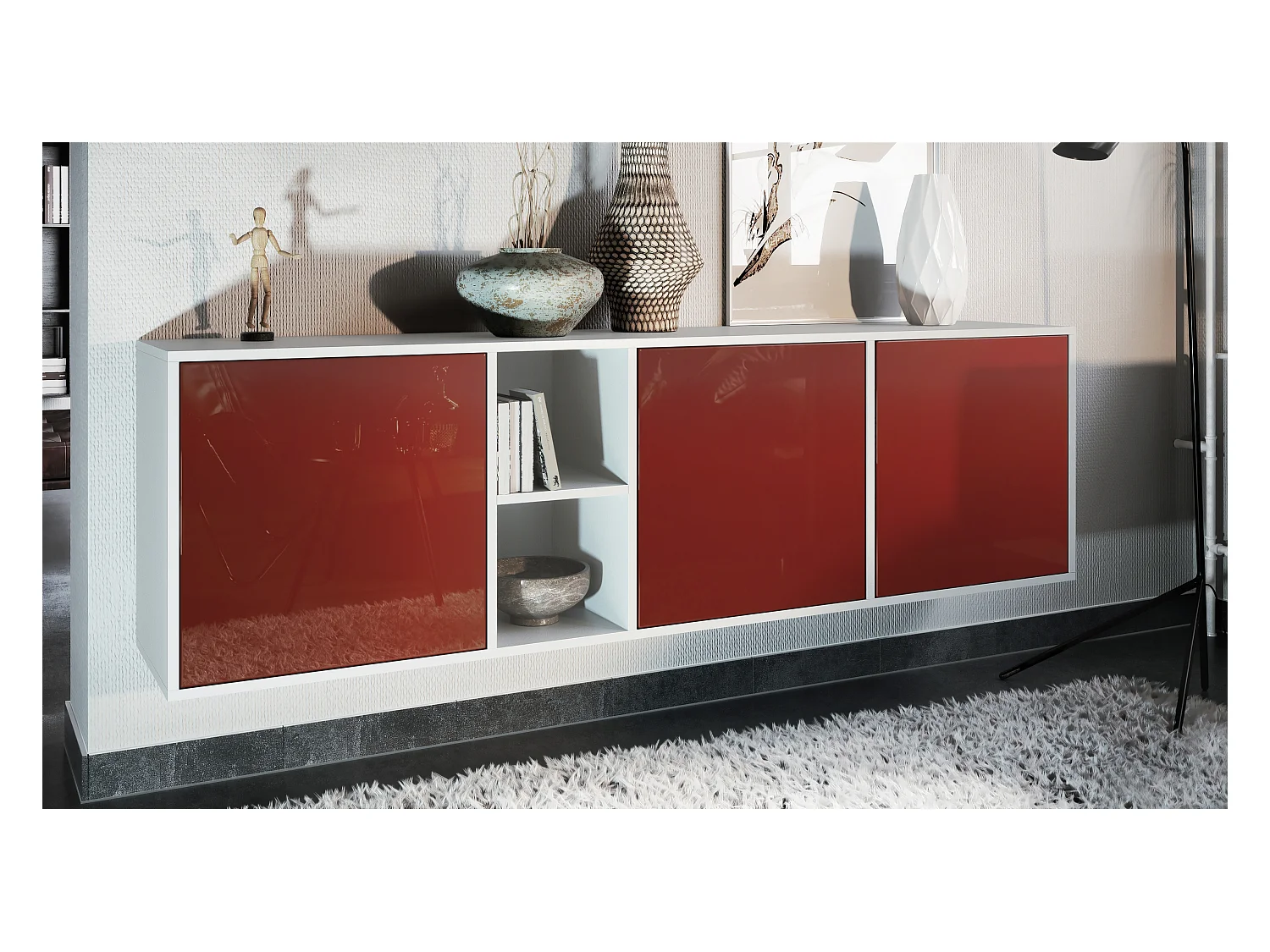 Commode Cuba - blanc mat/bordeaux haute brillance - Buffet moderne pour votre salon - (LxHxP) 182x53x35 cm