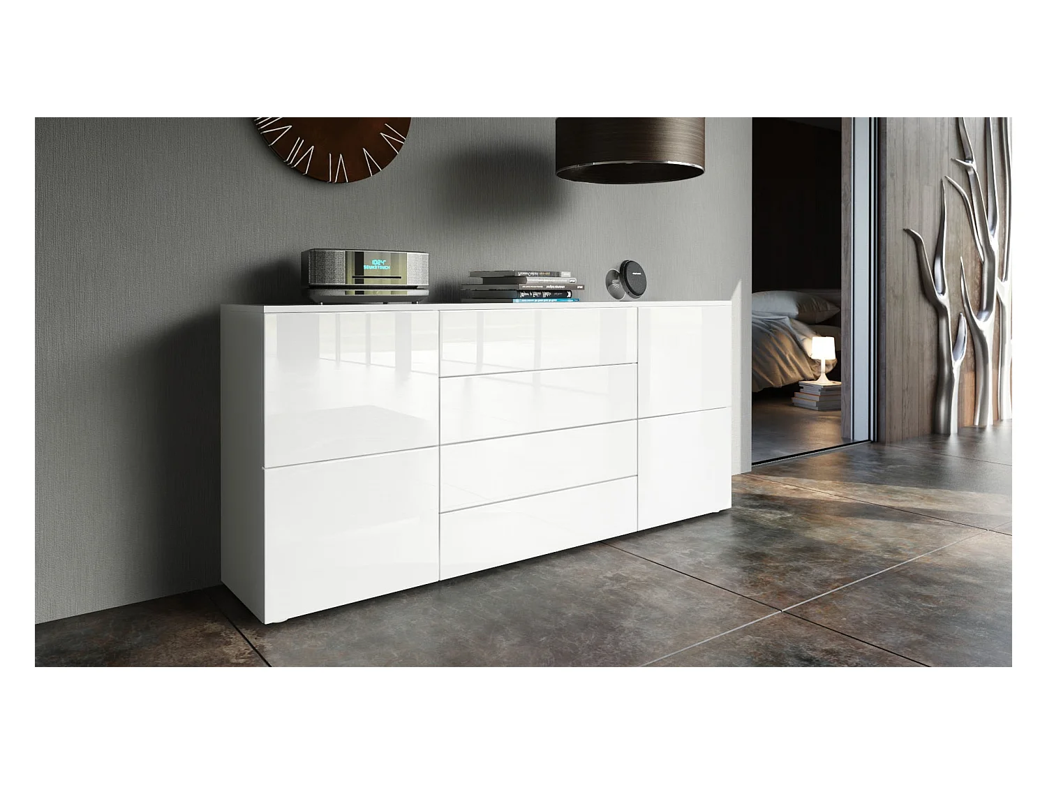 Buffet Rova, Commode avec 4 portes et 4 tiroirs, Blanc mat/Blanc haute brillance (166 x 72 x 35 cm)