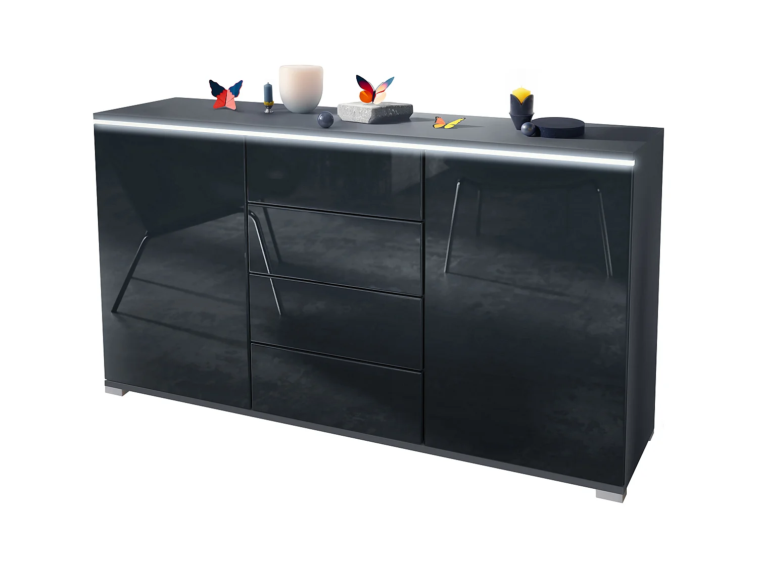 Buffet Faro V1 – Meuble avec 2 Portes & 4 Tiroirs, Armoire avec Bande LED Lumineuse, anthracite mat / noir haute brillance (138,5 x 75,5 x 35)