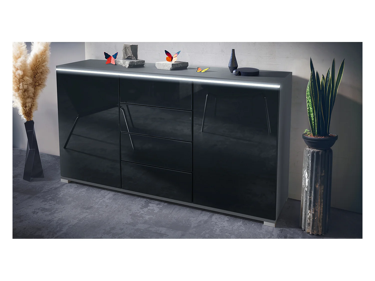 Buffet Faro V1 – Meuble avec 2 Portes & 4 Tiroirs, Armoire avec Bande LED Lumineuse, anthracite mat / noir haute brillance (138,5 x 75,5 x 35)