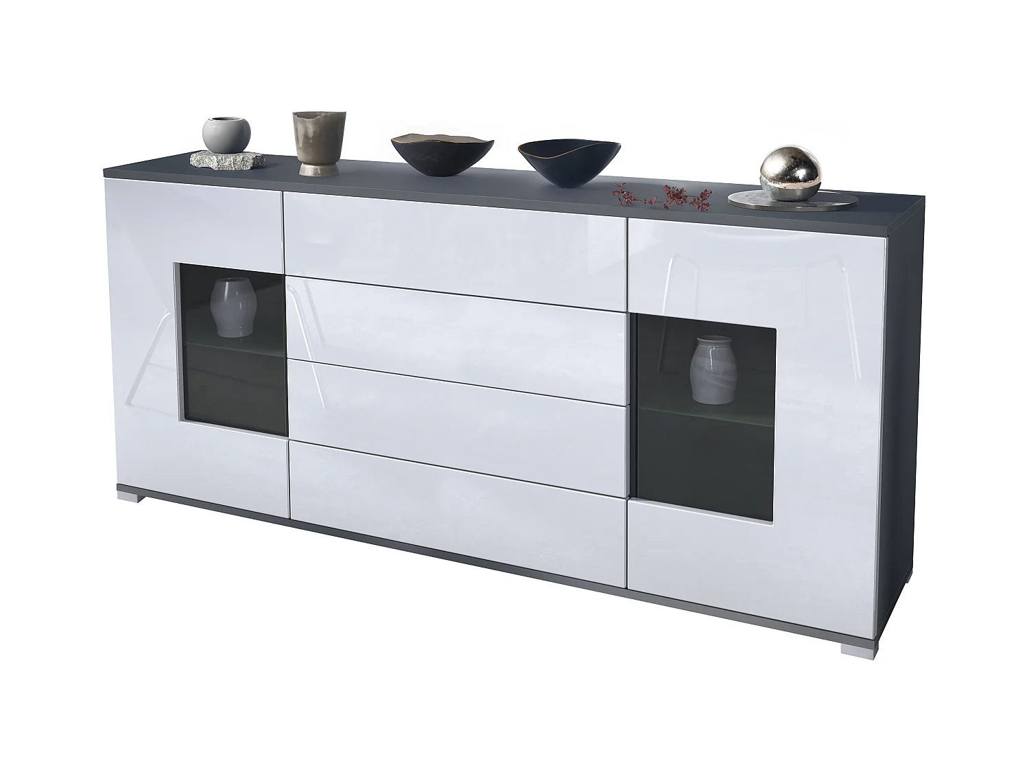 Buffet Grömitz V2 – Meuble avec 2 Grandes Portes et 4 Tiroirs, anthracite mat/blanc haute brillance (166,5 x 75,5 x 35)