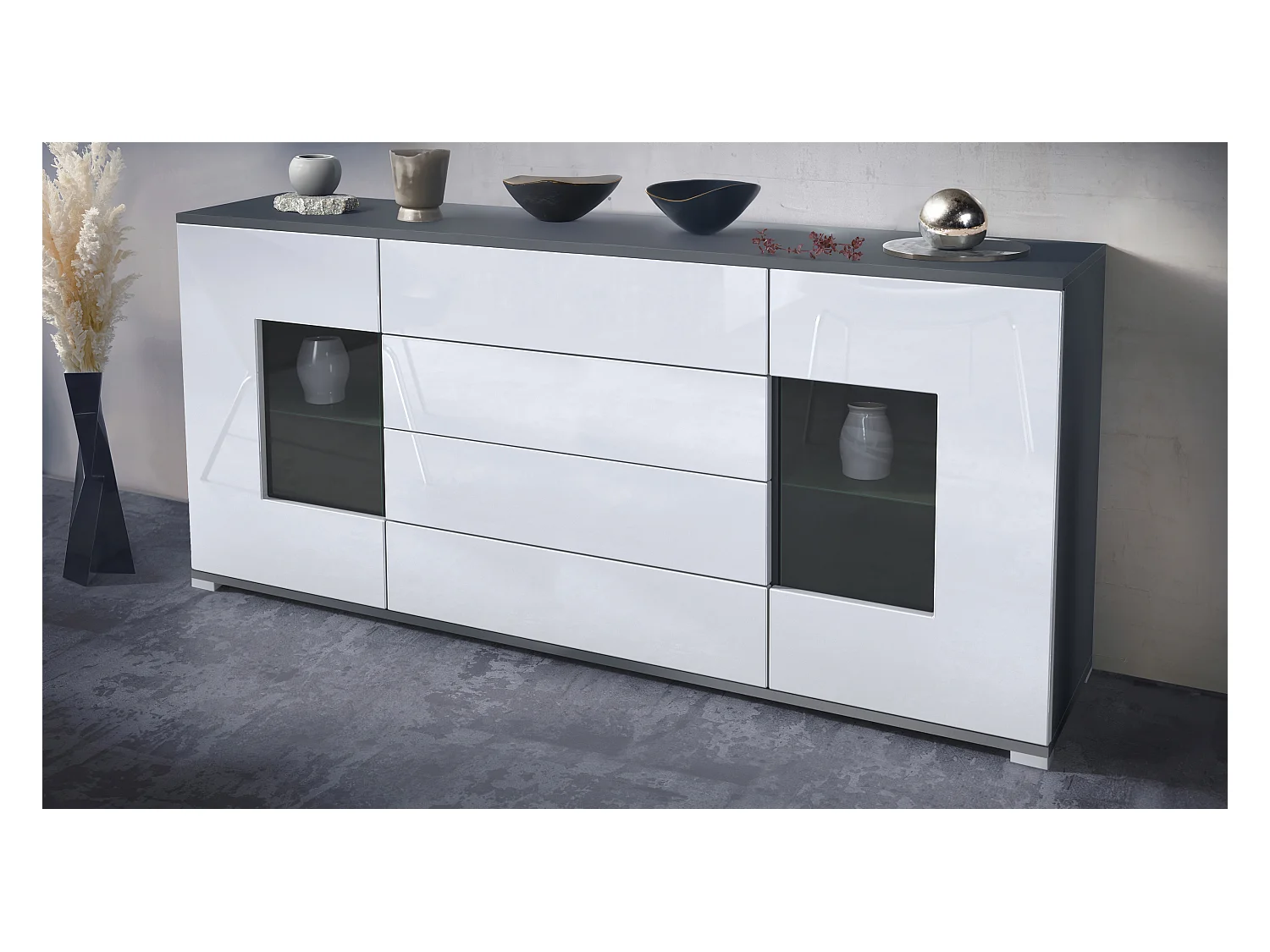 Buffet Grömitz V2 – Meuble avec 2 Grandes Portes et 4 Tiroirs, anthracite mat/blanc haute brillance (166,5 x 75,5 x 35)