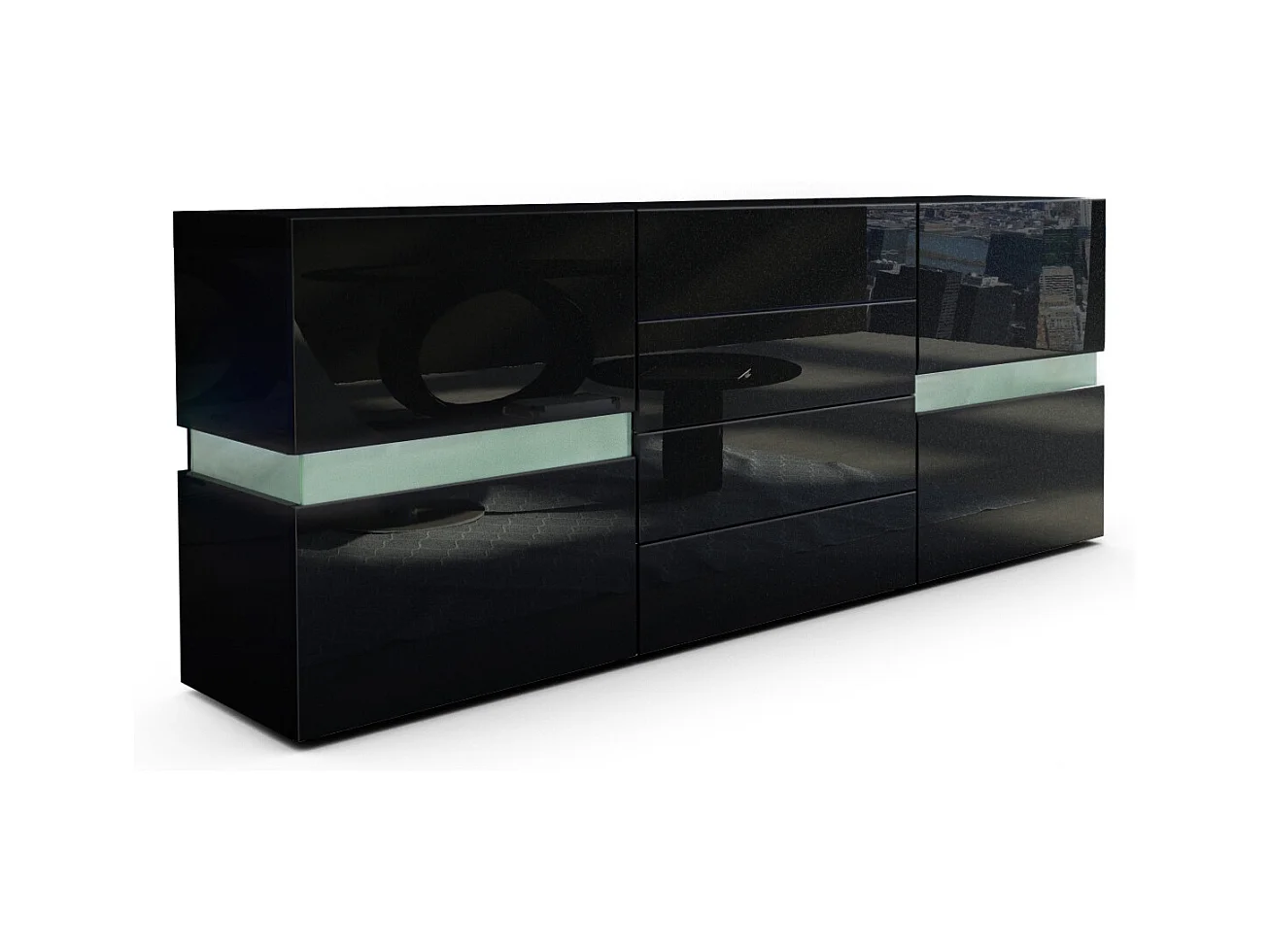 Sideboard Flow, noir mat/noir haute brillance - Commode moderne avec vitrage Ambient Light pour votre espace de vie (177 x 75 x 39 cm)