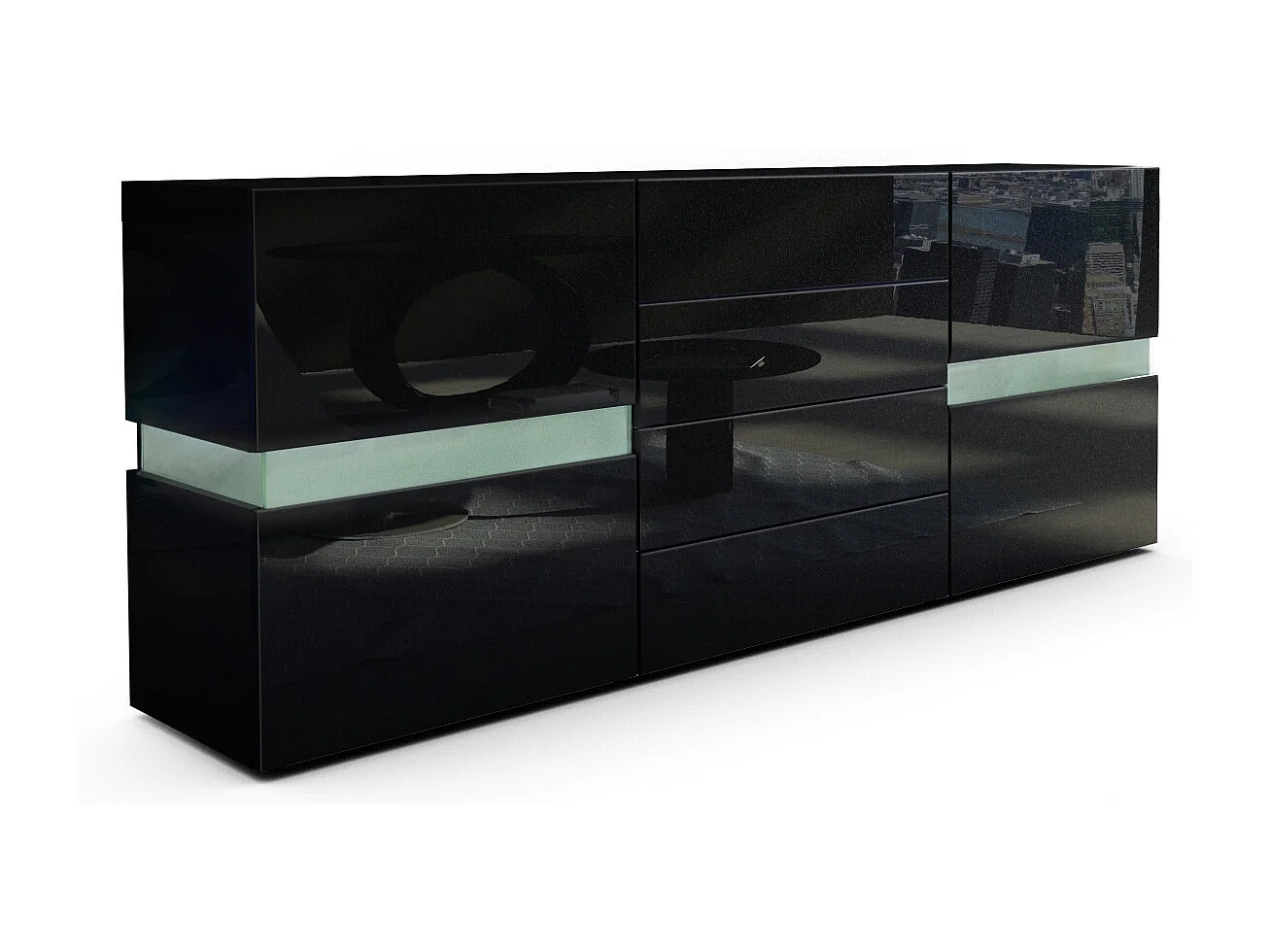 Vladon Sideboard Flow, nero opaco/nero lucido - Cassettiera moderna con vetrata Ambient Light per la vostra zona giorno (177 x 75 x 39 cm)