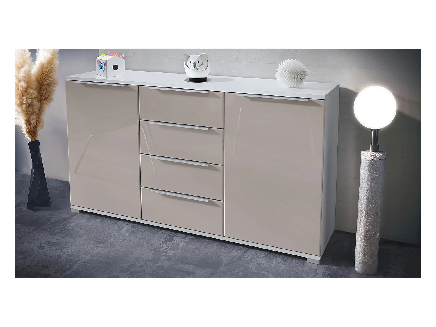 Buffet Linio V1, Enfilade avec 2 portes et 4 tiroirs, blanc mat / gris sable haute brillance (138,5 x 75,5 x 35 cm)
