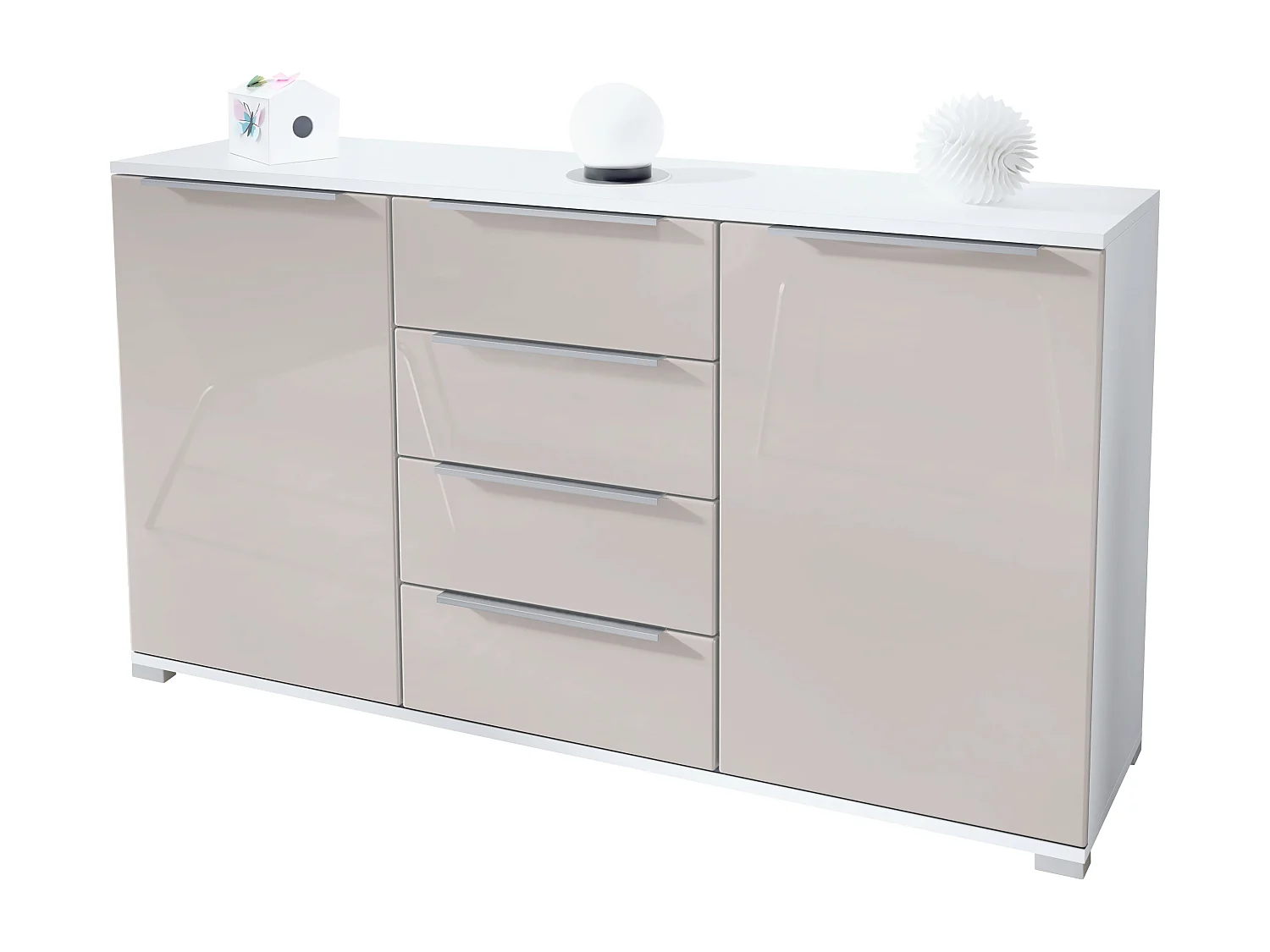 Buffet Linio V1, Enfilade avec 2 portes et 4 tiroirs, blanc mat / gris sable haute brillance (138,5 x 75,5 x 35 cm)