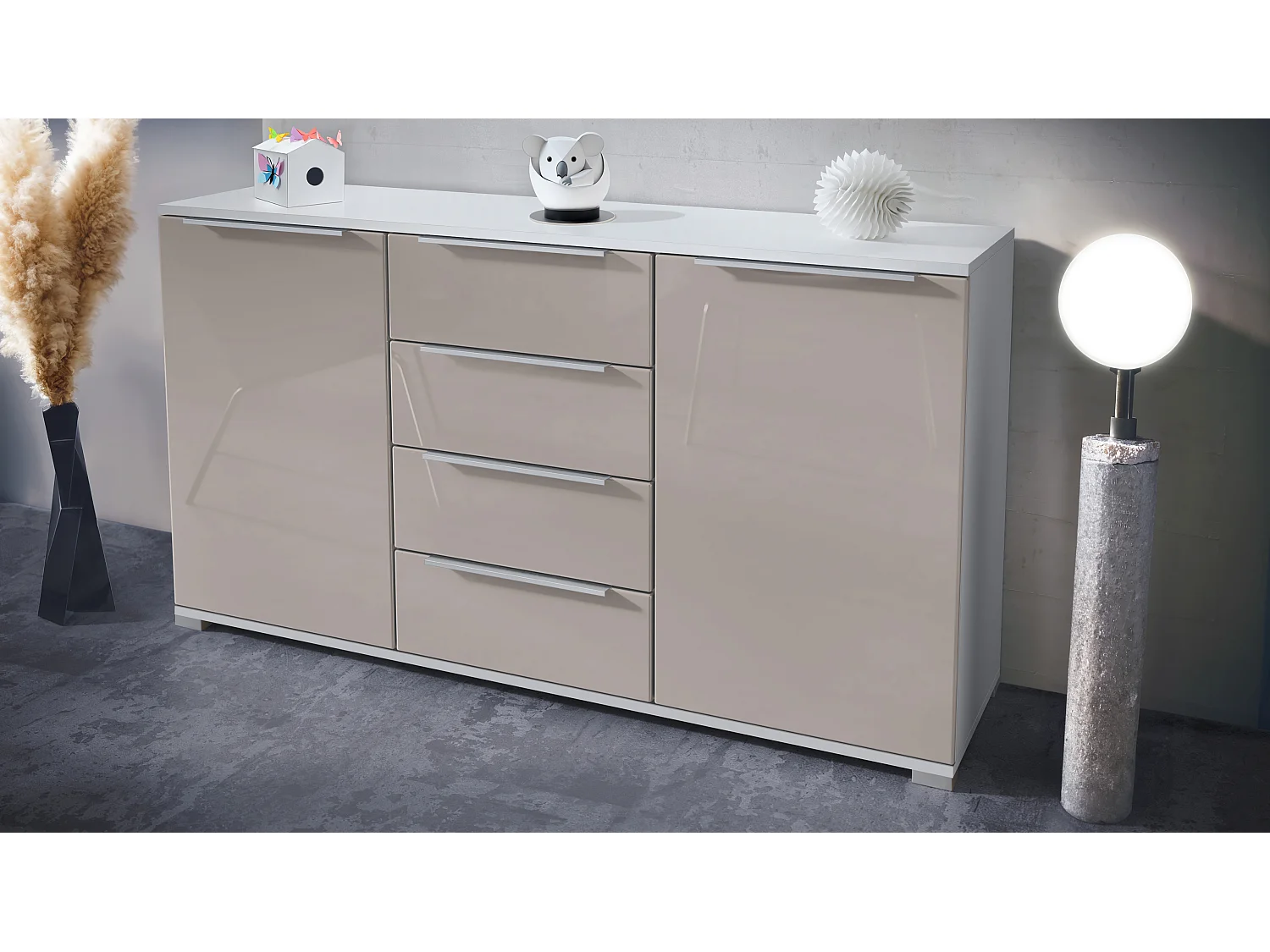 Buffet Linio V1, Enfilade avec 2 portes et 4 tiroirs, blanc mat / gris sable haute brillance (138,5 x 75,5 x 35 cm)