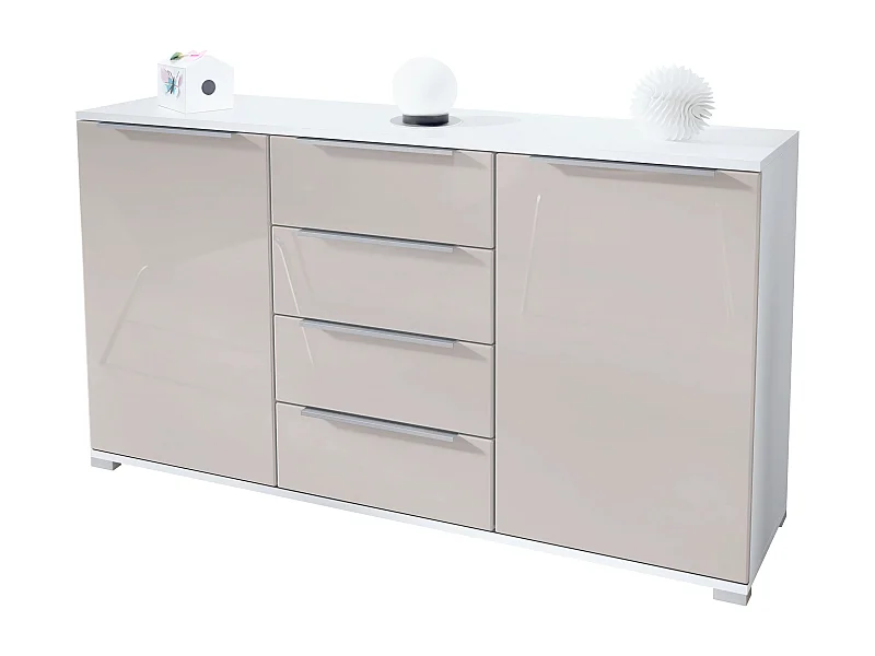 Buffet Linio V1, Enfilade avec 2 portes et 4 tiroirs, blanc mat / gris sable haute brillance (138,5 x 75,5 x 35 cm)