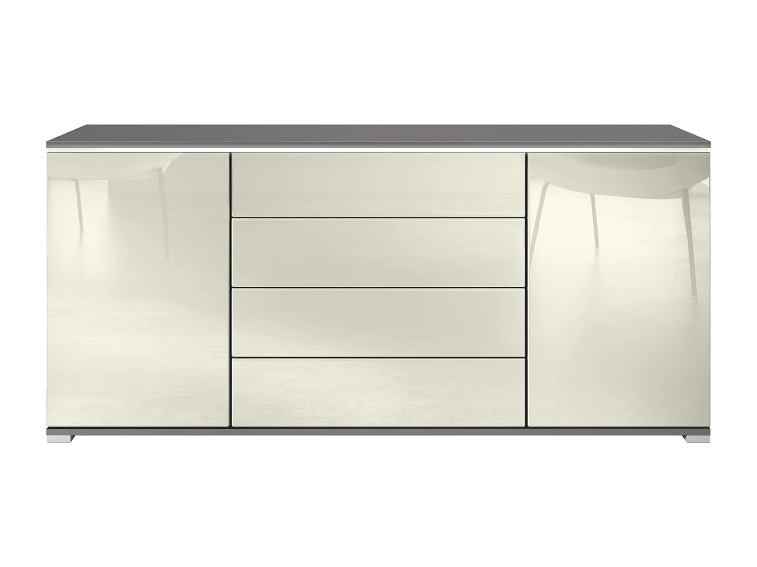 Buffet Faro V2 – Meuble avec 2 Portes & 4 Tiroirs, Armoire avec Bande LED Lumineuse, anthracite mat / crème haute brillance (166,5 x 75,5 x 35)