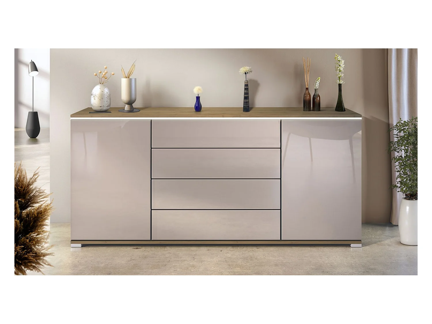 Buffet Faro V2 – Meuble avec 2 Portes & 4 Tiroirs, Armoire avec Bande LED Lumineuse, Chêne Evoke / gris sable haute brillance (166,5 x 75,5 x 35)