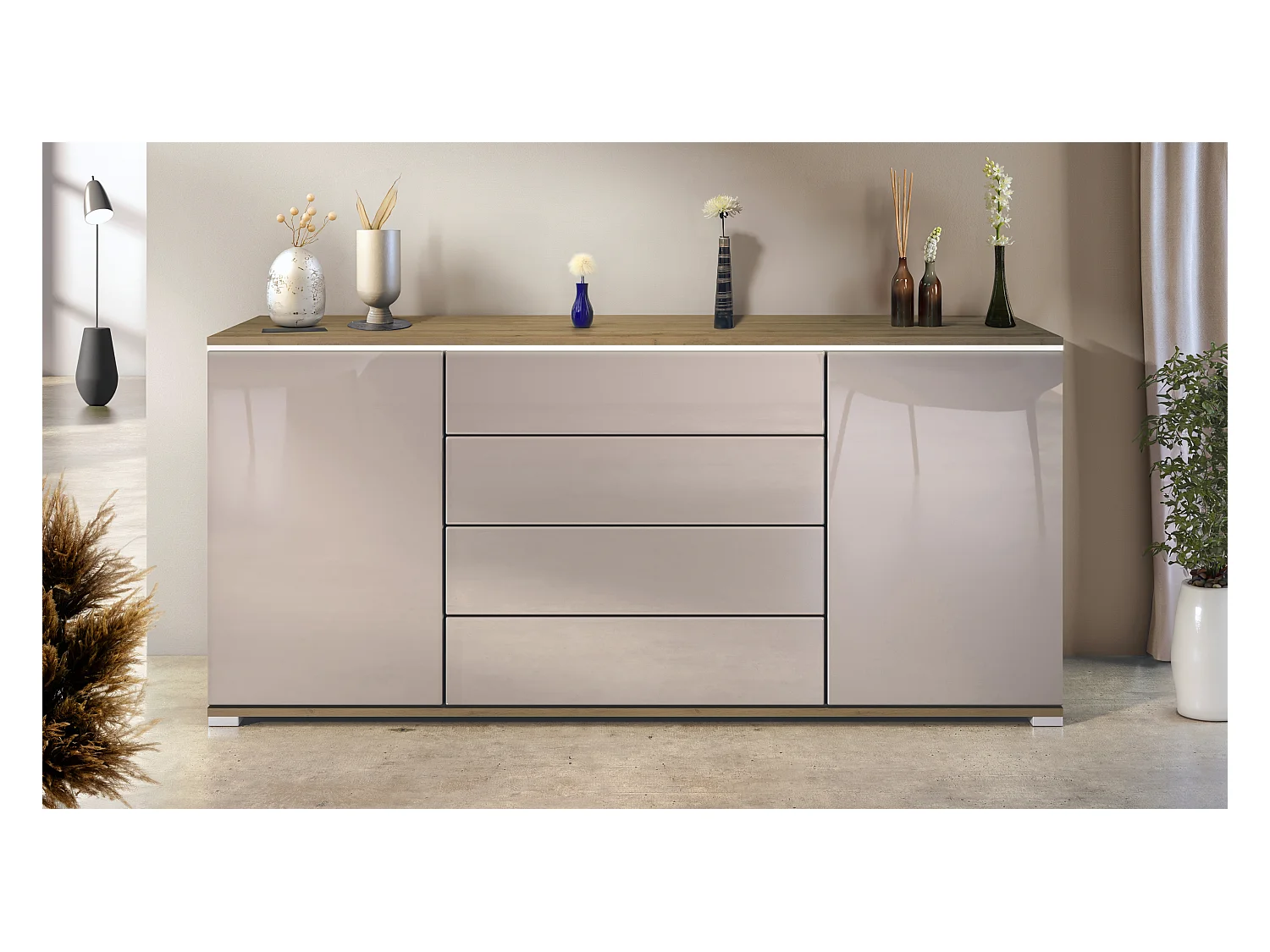 Buffet Faro V2 – Meuble avec 2 Portes & 4 Tiroirs, Armoire avec Bande LED Lumineuse, Chêne Evoke / gris sable haute brillance (166,5 x 75,5 x 35)