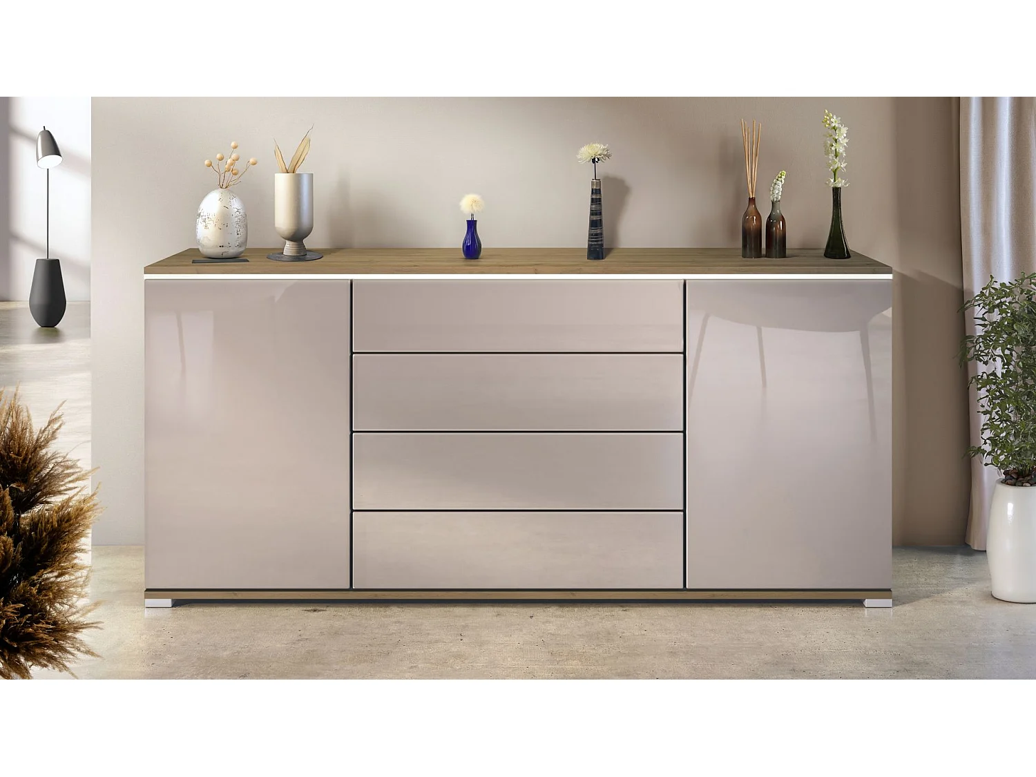 Buffet Faro V2 – Meuble avec 2 Portes & 4 Tiroirs, Armoire avec Bande LED Lumineuse, Chêne Evoke / gris sable haute brillance (166,5 x 75,5 x 35)