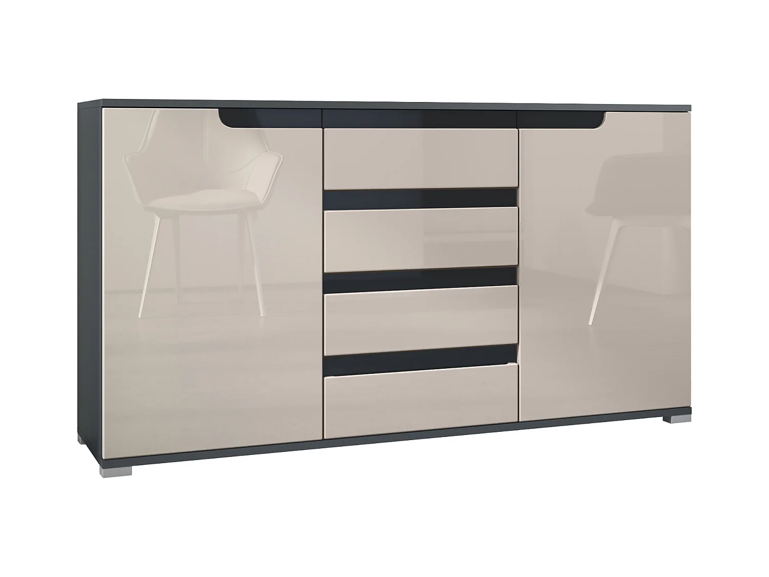 SIDEBOARD Sylt Sandgrau Hochglanz / Schwarz Hochglanz