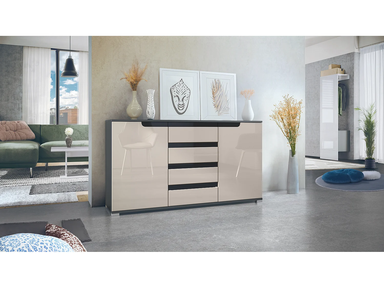 Credenza Cassettiera Sylt, struttura in nero opaco / frontale in grigio sabbia lucido con compensazioni in nero lucido (139 x 72 x 35)