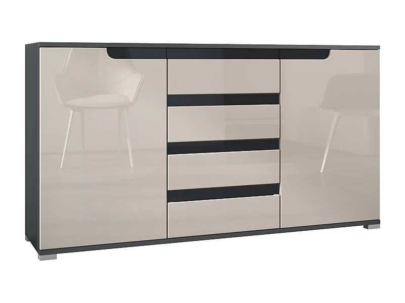 Buffet Dressoir Sylt, Corps en Noir mat / Façades en gris sable haute brillance avec un decor en noir haute brillance (139 x 72 x 35)