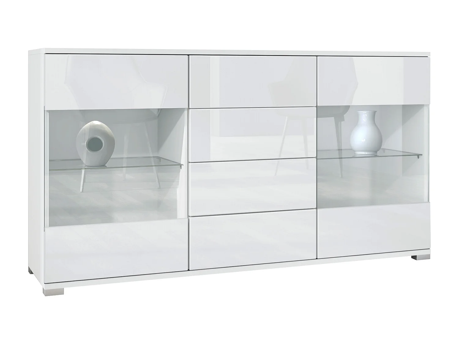 Buffet Bari V1 – Meuble avec 2 Grandes Portes et 4 Tiroirs, blanc mat/blanc haute brillance (138,5 x 75,5 x 35)