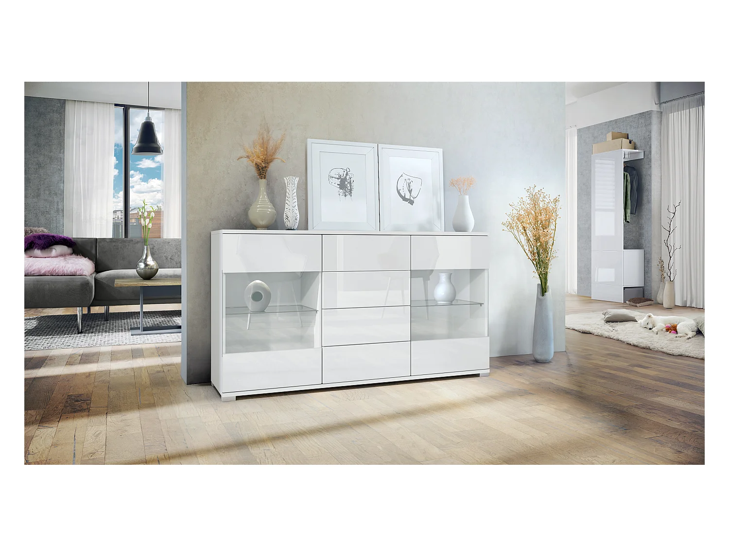 Buffet Bari V1 – Meuble avec 2 Grandes Portes et 4 Tiroirs, blanc mat/blanc haute brillance (138,5 x 75,5 x 35)
