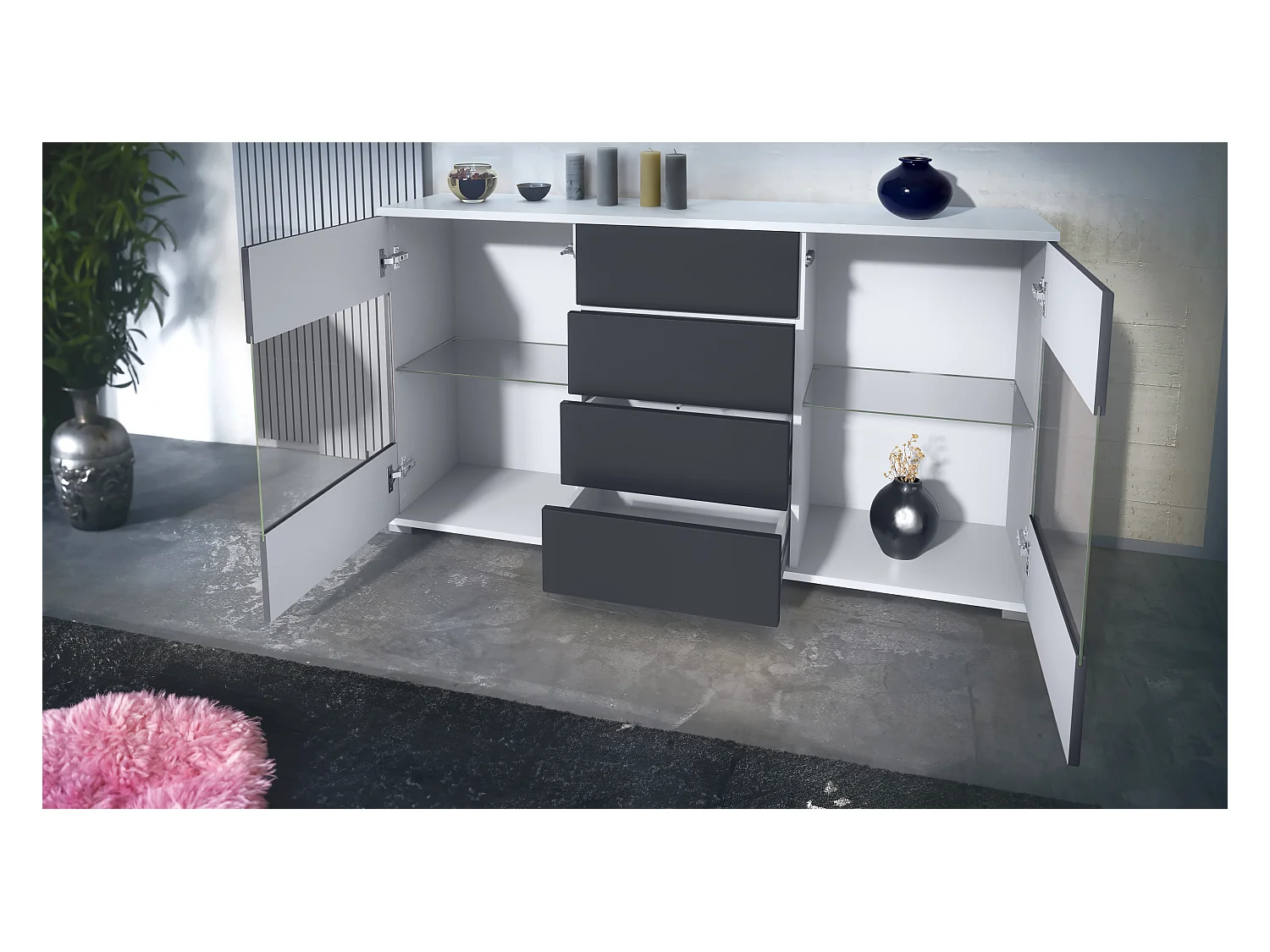 Buffet Bari V1 – Meuble avec 2 Grandes Portes et 4 Tiroirs, blanc mat/blanc haute brillance (138,5 x 75,5 x 35)