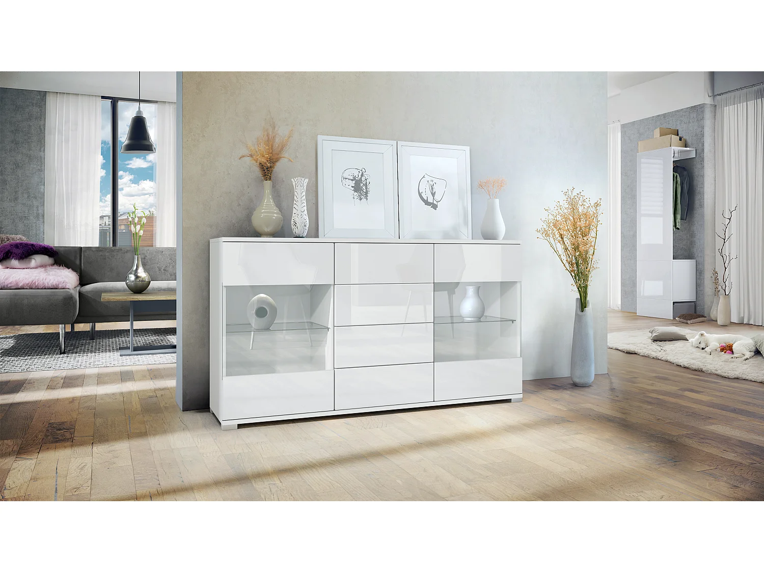 Buffet Bari V1 – Meuble avec 2 Grandes Portes et 4 Tiroirs, blanc mat/blanc haute brillance (138,5 x 75,5 x 35)