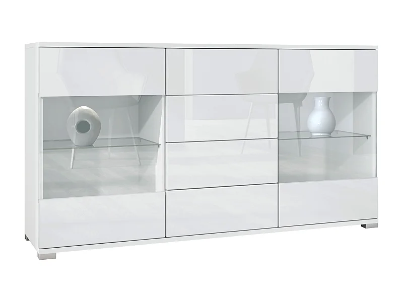 Buffet Bari V1 – Meuble avec 2 Grandes Portes et 4 Tiroirs, blanc mat/blanc haute brillance (138,5 x 75,5 x 35)