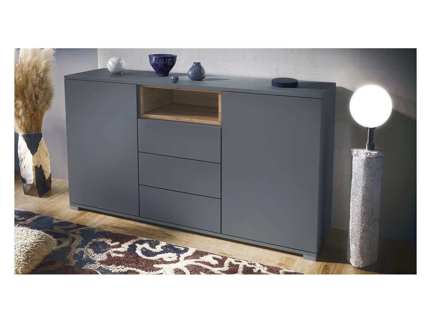 Skadu V2 Buffet, Commode avec 2 portes, 3 tiroirs et 1 compartiment ouvert, anthracite mat/chêne nature (138,5 x 75,5 x 35 cm)