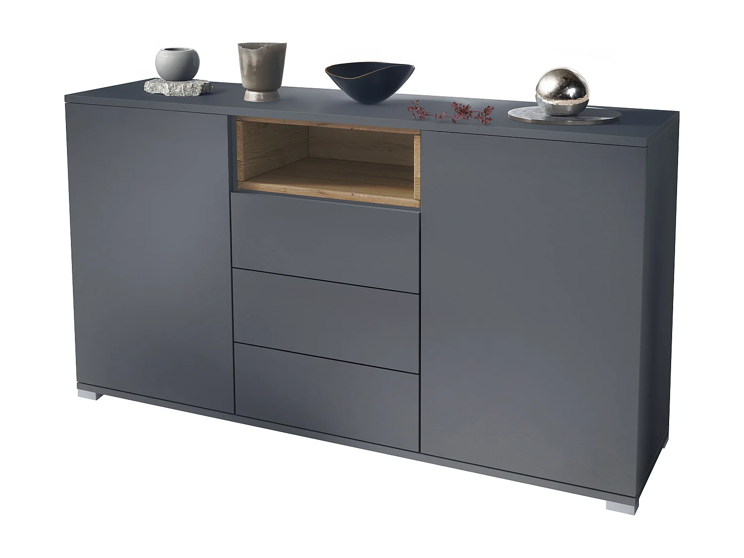 Skadu V2 Buffet, Commode avec 2 portes, 3 tiroirs et 1 compartiment ouvert, anthracite mat/chêne nature (138,5 x 75,5 x 35 cm)