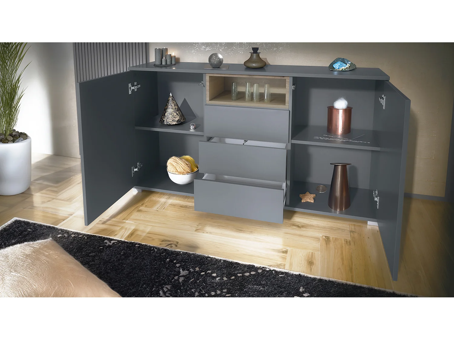 Skadu V2 Buffet, Commode avec 2 portes, 3 tiroirs et 1 compartiment ouvert, anthracite mat/chêne nature (138,5 x 75,5 x 35 cm)