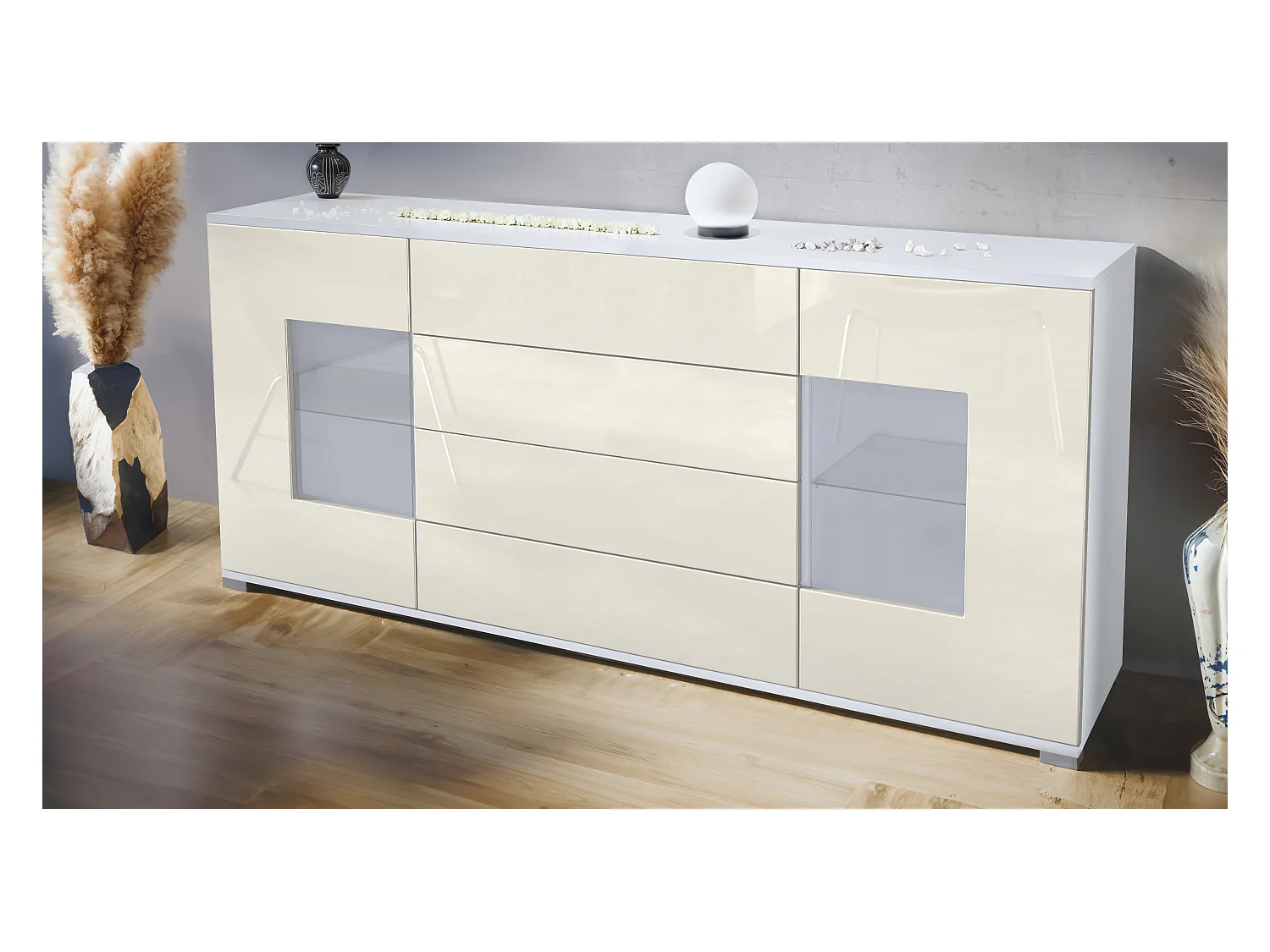 Buffet Grömitz V2 – Meuble avec 2 Grandes Portes et 4 Tiroirs, blanc mat/crème haute brillance (166,5 x 75,5 x 35)