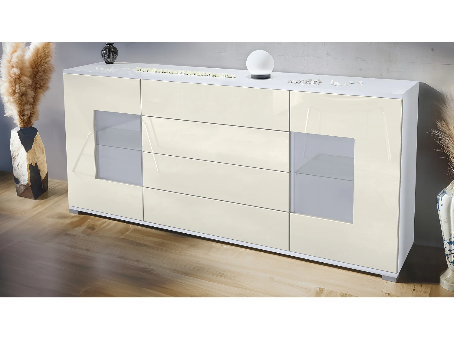 Buffet Grömitz V2 – Meuble avec 2 Grandes Portes et 4 Tiroirs, blanc mat/crème haute brillance (166,5 x 75,5 x 35)