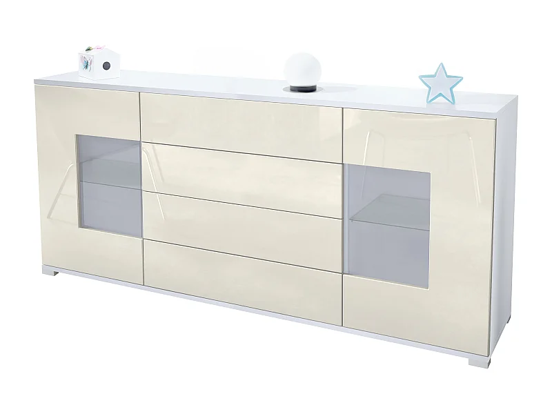 Credenza Grömitz V2 – Mobile con 2 Grandi Ante e 4 Cassetti, bianco opaco/beige lucido (166,5 x 75,5 x 35)