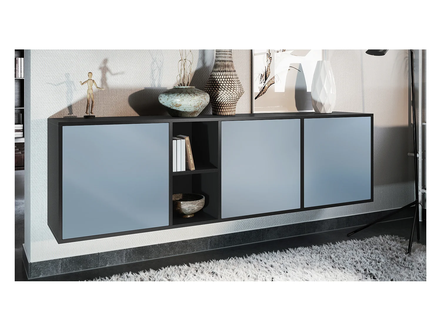 Commode Cuba - noir mat/denim mat - Buffet moderne pour votre salon - (LxHxP) 182x53x35 cm