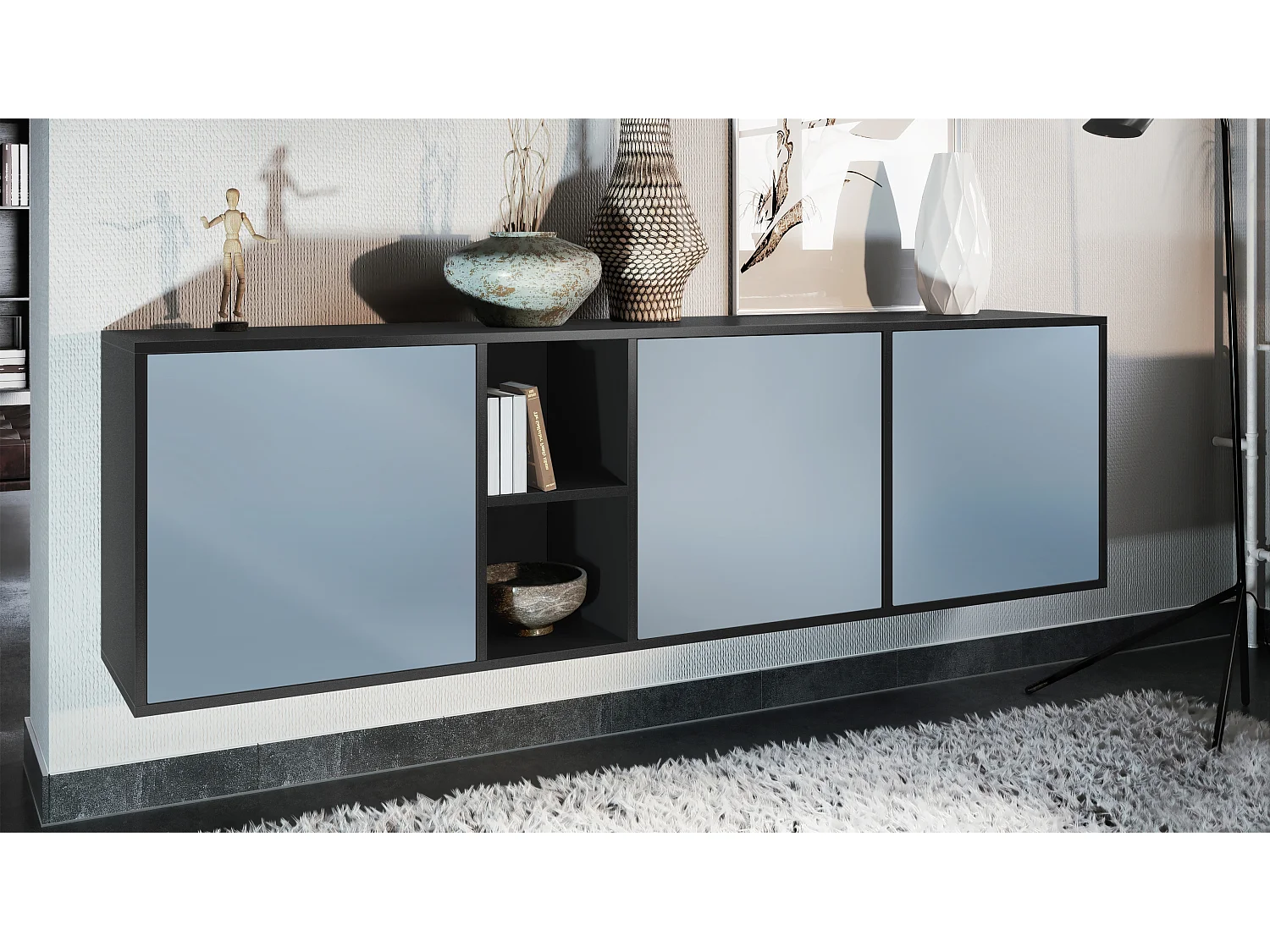 Commode Cuba - noir mat/denim mat - Buffet moderne pour votre salon - (LxHxP) 182x53x35 cm